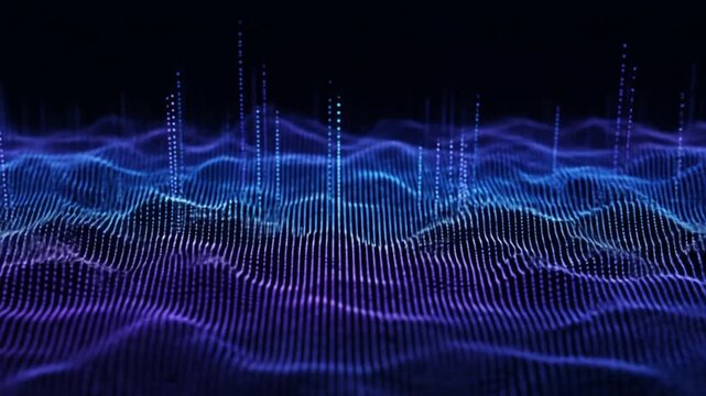 Dynamic abstract digital wave patterns pulsate with vibrant blue and purple lights, suggesting data flow and futuristic technology in motion.