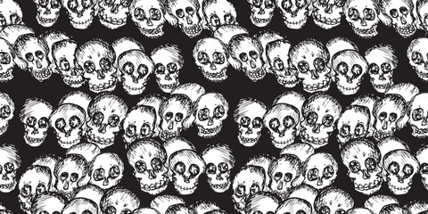 Human skulls seamless pattern, halloween paper, vector background, wallpaper, hand drawn vector illustration