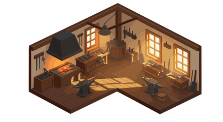 Cozy isometric blacksmith workshop with anvils and forge in sunlit room