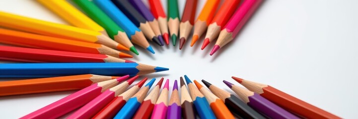 Fototapeta premium A single blue pencil rests amongst a vibrant array of artist's colored pencils on a clean white surface, ready for creative expression, variety, drawing tools, creativity