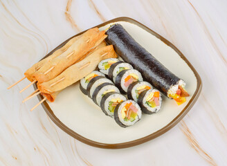 Kimbap and Fish Cake Korean rolled rice and veggies with skewered fish cakes
