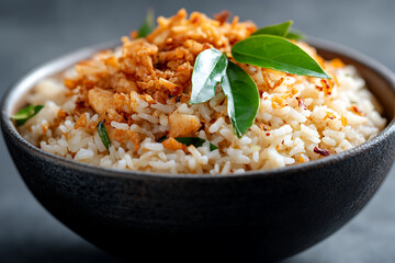 A bowl of savory rice topped with fried shallots and green leaves. The dish looks delicious and is artfully presented for a culinary experience.