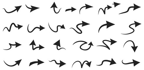 Arrows Direction Set Hand Drawn Style Black Silhouette Arrow Elements Design Vector Navigation Curvy Straight Up Down
