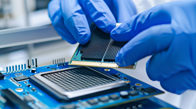 Close-up of a technician's hands in gloves installing a HBM4 memory stack on a white background