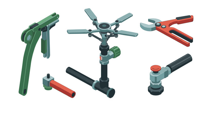 Isometric garden tools and sprinkler system on white background