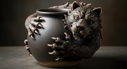 Ornate dark ceramic vase with a dragon or mythical creature design