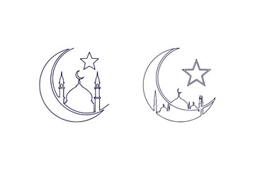 Minimal one color eid crescent moon star and mosque outline islamic design