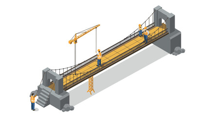 Obraz premium Isometric construction scene with workers building suspension bridge