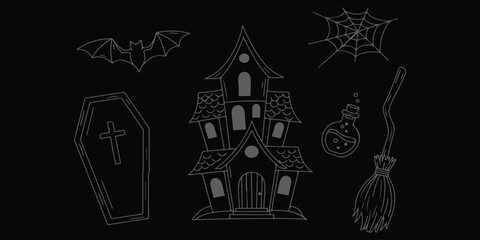 Spooky Halloween Haunted House Vector Illustration Coffin Bat Cobweb Potion Broom Dark Silhouette Scary Creepy Party