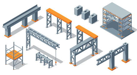 Obraz premium Isometric construction elements set featuring beams and scaffolding in gray a…