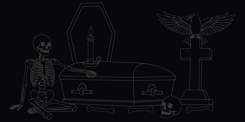Gothic Halloween Illustration Skeleton Raven Coffin Candle and Skull in a Dark Graveyard Scene with Spooky Eerie