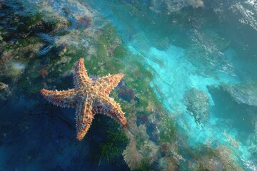 A starfish resting gracefully on a vibrant, underwater ocean floor