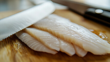 Slices of white fish prepared with a sharp knife on a wooden cutting board. The fish is thinly sliced, ready for cooking.