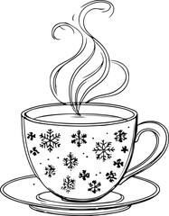 Outline art of a cup with steam, plus little snowflake motifs, white background 2