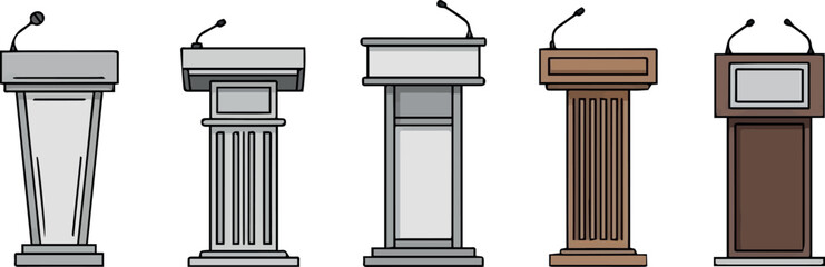 Create kinds of Podium of tribune line vector illustration on white background . Rostrum and podium set icon. Isolated vector illustration icon tribune with microphone.