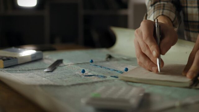 A person is focused on planning a trip, writing in a notebook while surrounded by maps, pens, and tools in a comfortable, well-lit workspace. The atmosphere is warm and productive