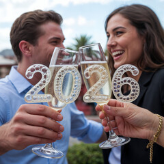 Couple happily toasting with champagne glasses with 2016 numbers for new year celebration