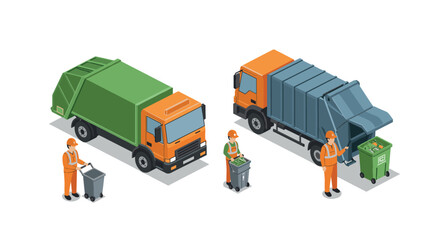 Isometric garbage collection trucks and workers in uniform