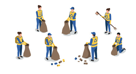 Fototapeta premium Volunteers collecting litter in isometric style for environmental cleanup