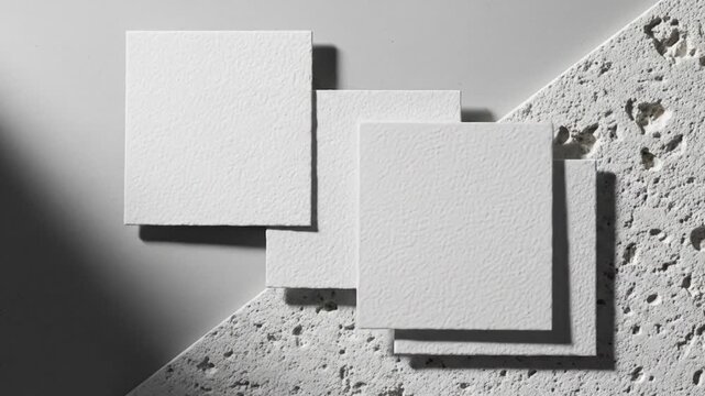 Elegant arrangement of textured white paper squares and rough stone creates a sophisticated visual for design inspiration and branding presentations