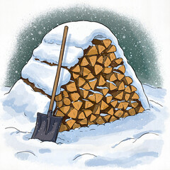 Woodpile and shovel covered in snow, showcasing winter signs in a rustic environment
