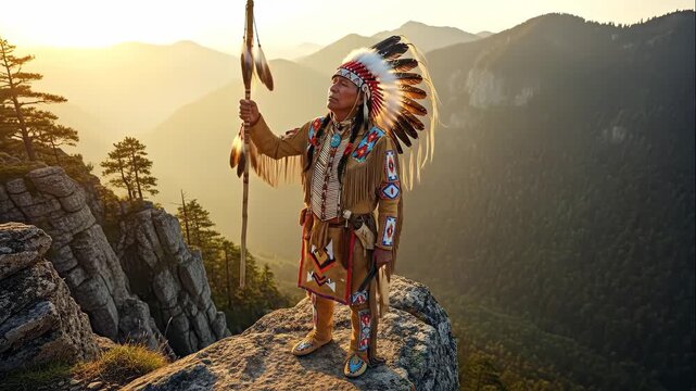 elderly indigenous man in traditional feathered headdress and regalia stands on mountain at sunrise. majestic symbol of culture, native american heritage month, and spirituality.