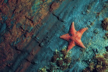 A vibrant starfish resting on a textured sea bed