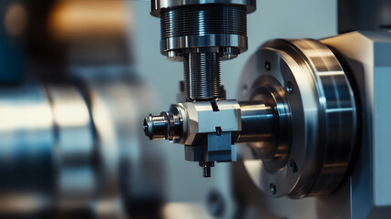 Naklejka premium Precision Manufacturing: Close-up of a metal-cutting machine in operation. High-tech industrial process with intricate mechanisms.