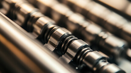 Close-up of multiple camshafts, showcasing precision engineering and complex mechanical components. Metal parts gleam in the light, detail highlighted.