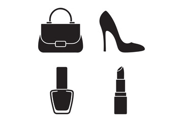 Fashion and beauty icons handbag high heel nail polish and lipstick