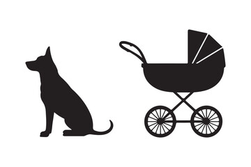 Silhouette of a dog sitting next to a vintage baby stroller