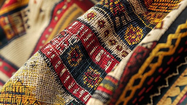 Intricate textile patterns in motion: closeup weave with colorful details