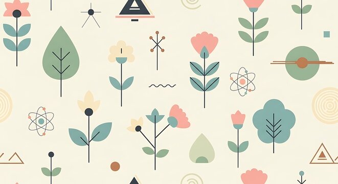Fototapeta Whimsical retro scandinavian folk art inspired seamless pattern with abstract geometric shapes and stylized floral motifs