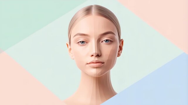 Beautiful woman's face merging with low poly animation