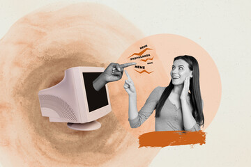 Trend pop collage of person point stand near vintage screen computer with fake news on orange...