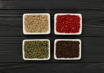 Bowls of assorted peppercorns