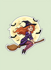 Cute cartoon witch with red hair flying on a broomstick in front of a full moon with bats. Halloween themed vector illustration, isolated on light background. Perfect for stickers, posters, invitation