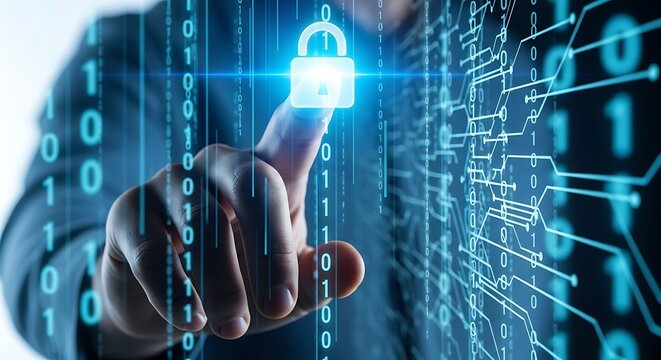 Digital Security Touch Interaction Fingerprint Scanning Padlock Icon Data Flow - Powered by Adobe