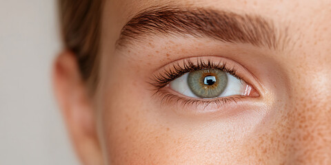 Close-up shot of a green eye with long lashes and detailed eyebrow, showcasing natural skin texture with freckles. Focus on beauty and eye health.