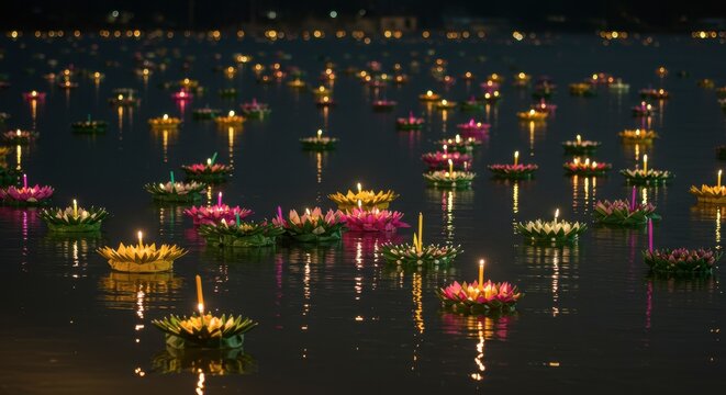 Loy krathong festival with illuminated floating lanterns on water surface at night