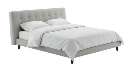 Modern upholstered bed with white bedding isolated on transparent background