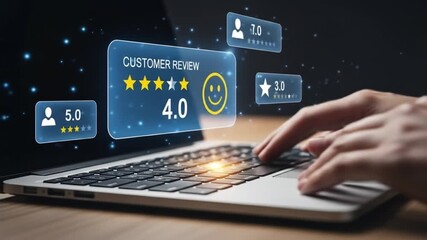 Customer rating and review process, people leaving feedback and stars on a laptop screen, shaping online reputation and consumer trust