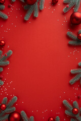 Fototapeta na wymiar Vertical festive red background with pine branch ornaments berries snow and sparkle ready for Christmas and New Year greeting messages