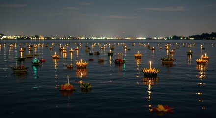 Loy krathong festival celebration with floating lanterns and candlelit krathongs on water at night