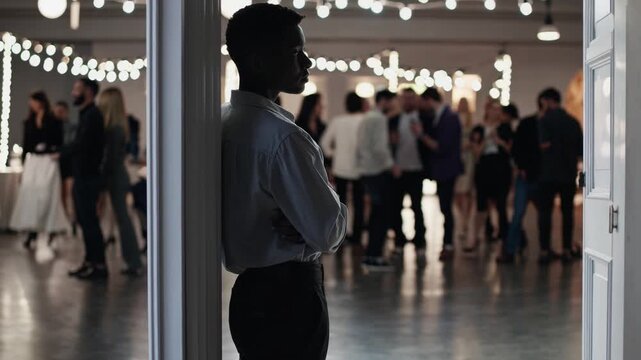 Young thoughtful person standing in a doorway, observing a crowd of people at a party. A sense of exclusion and social anxiety