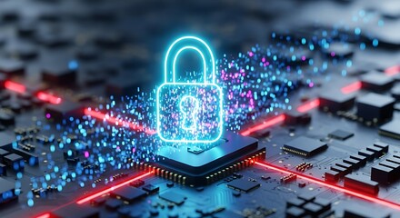 Digital padlock on computer chip with glowing data streams illustrating cybersecurity and network protection