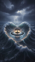 A dramatic and surreal landscape featuring a lone tree in the middle of the ocean. The tree is surrounded by swirling waves forming a heart shape, under a stormy sky 
