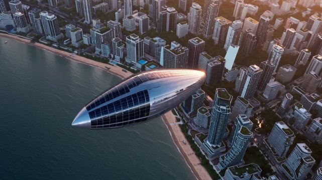 Aerial view of a futuristic solar powered airship flying over a modern coastal metropolis. Sustainable transportation and innovative technology