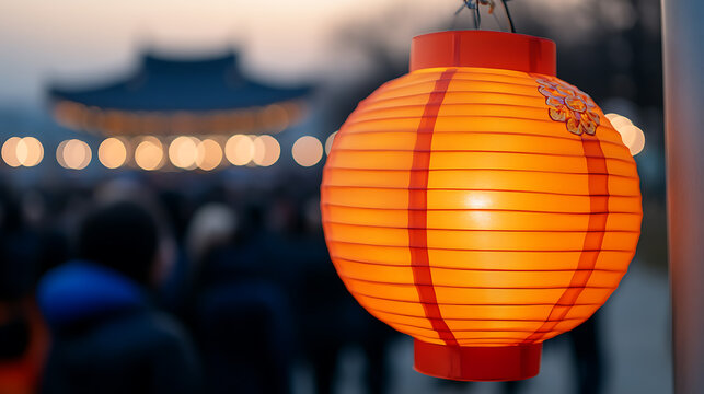 Illuminated paper lantern with blurred temple background. Warm orange glow creates a festive ambiance, ideal for cultural events and celebrations.