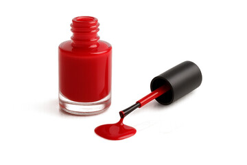 Open Nail Polish Bottle with Brush and Spill on Glossy Acrylic Surface, Isolated Background